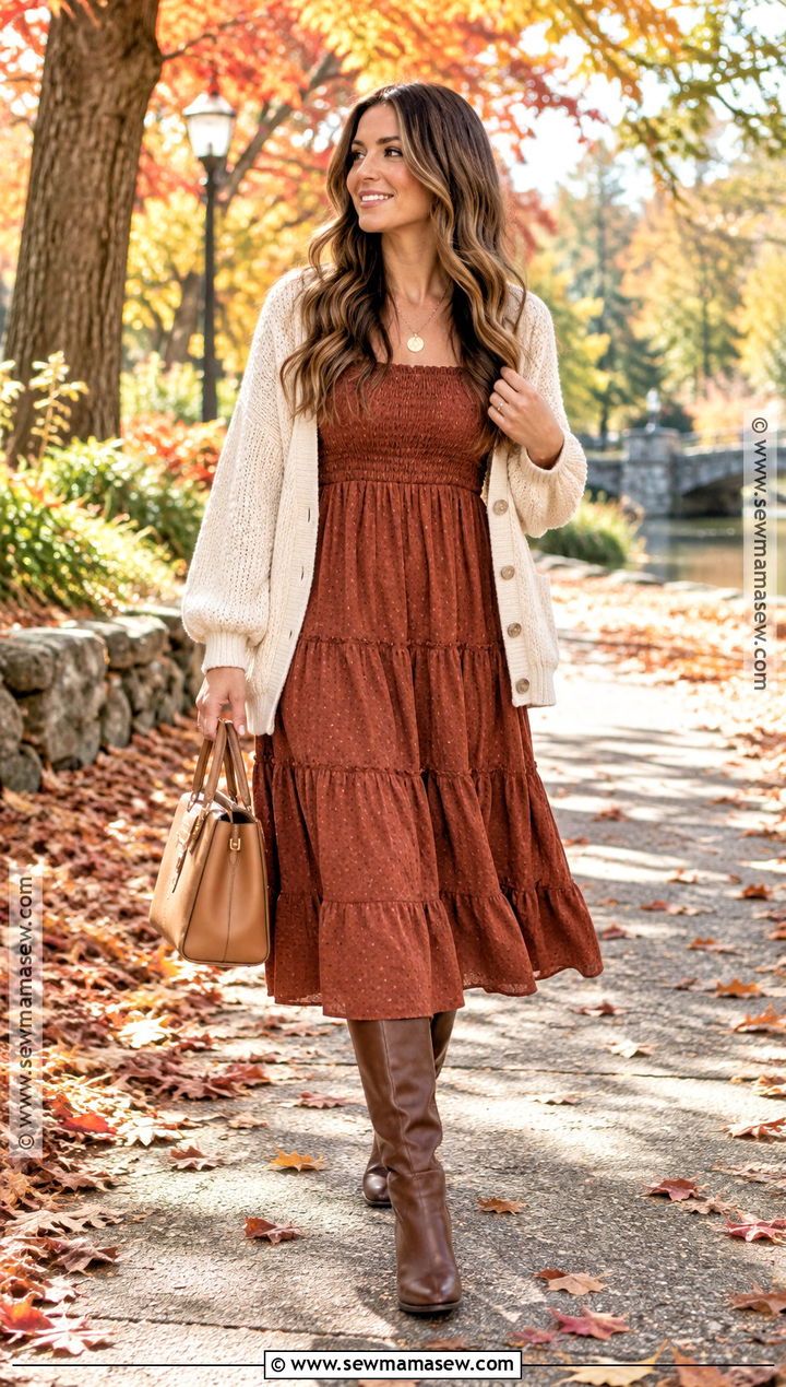 Rust Smocked Midi Dress With Brown Riding Boots - 15 Dresses With Riding Boots Fall