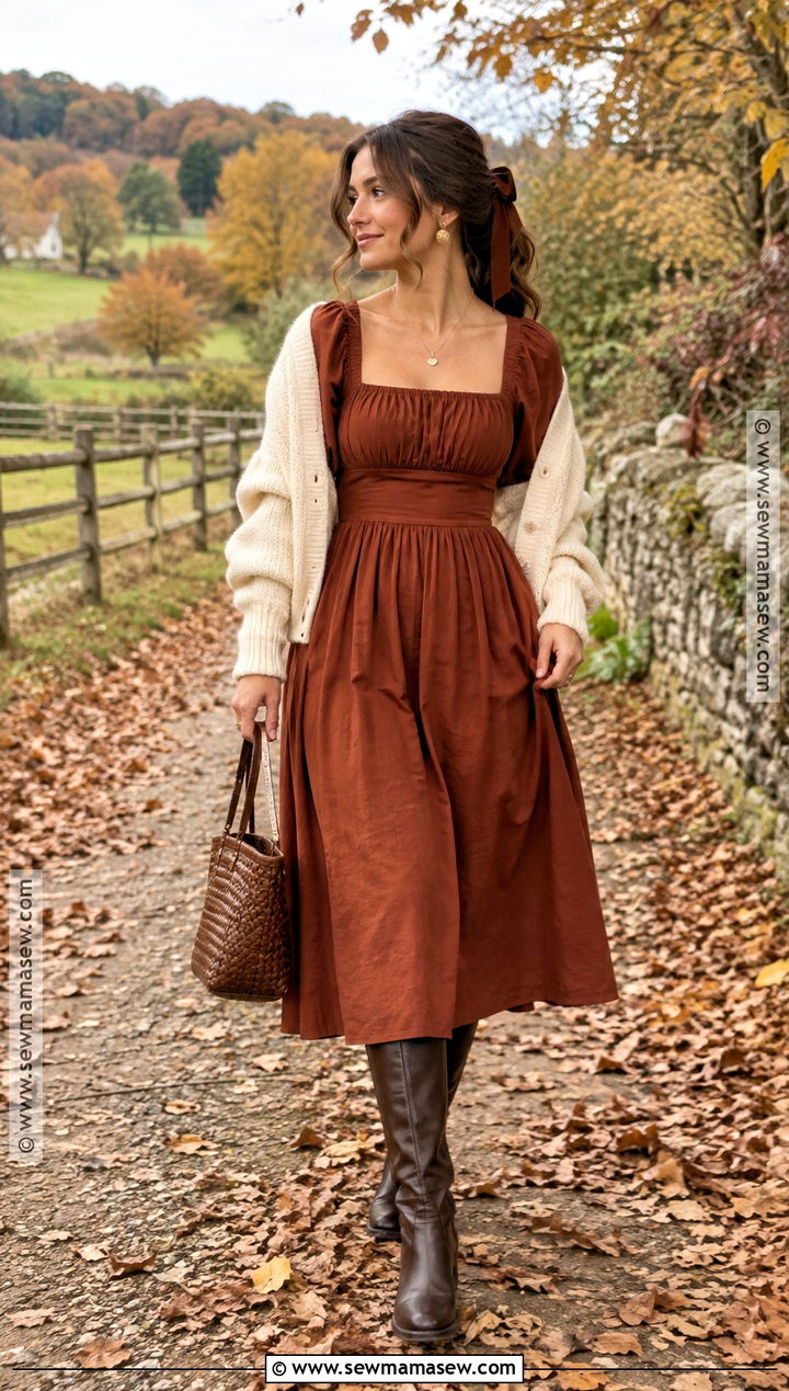 Rust Square Neck Dress Fall Princess Outfit - 15 Fall Princess Outfit Ideas