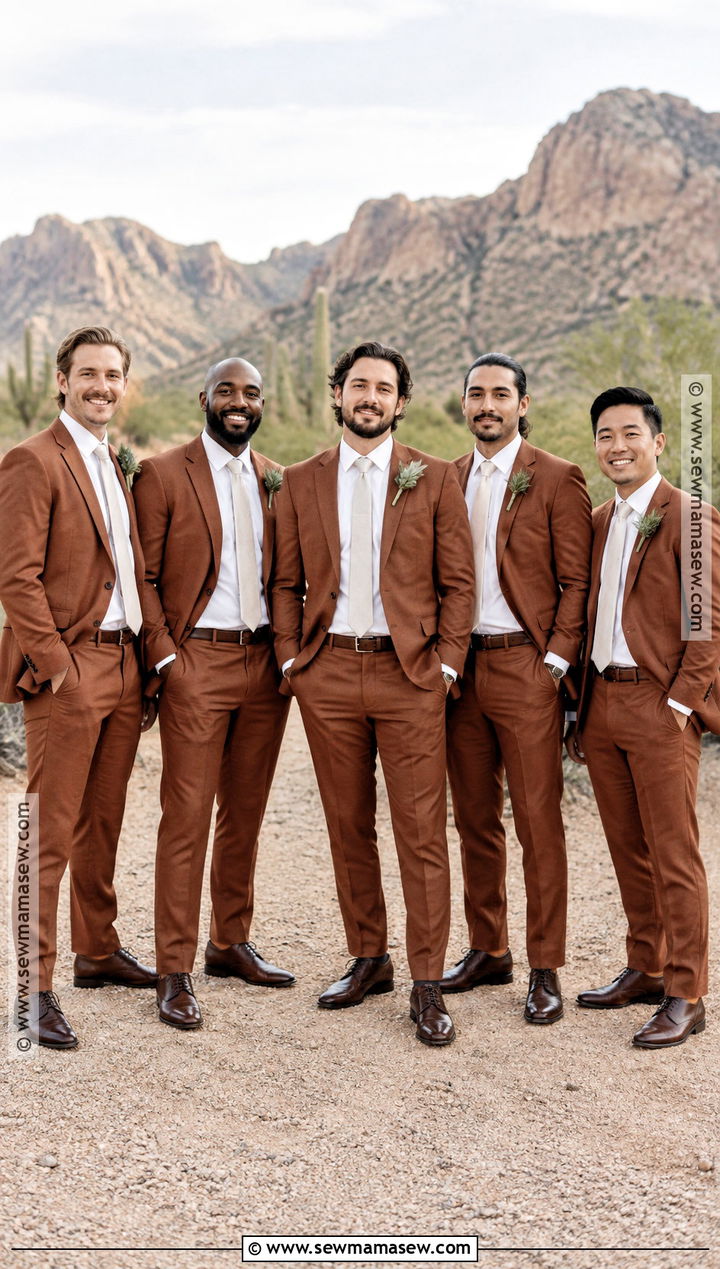 Rust Suit And Cream Tie Groomsmen Attire - 25 fall wedding groomsmen attire ideas