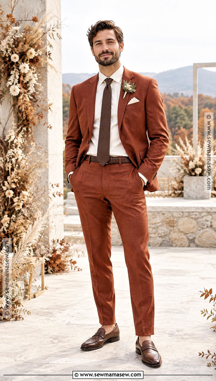 Rust Suit Groom Outfit - 15 groom style fall wedding ideas