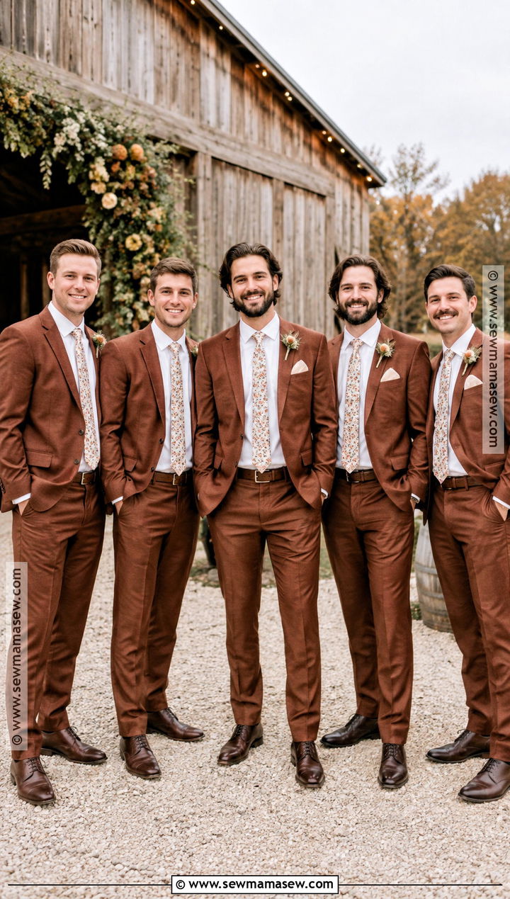 Rust Suit With Cream Shirt And Floral Tie - 15 fall boho groomsmen attire ideas