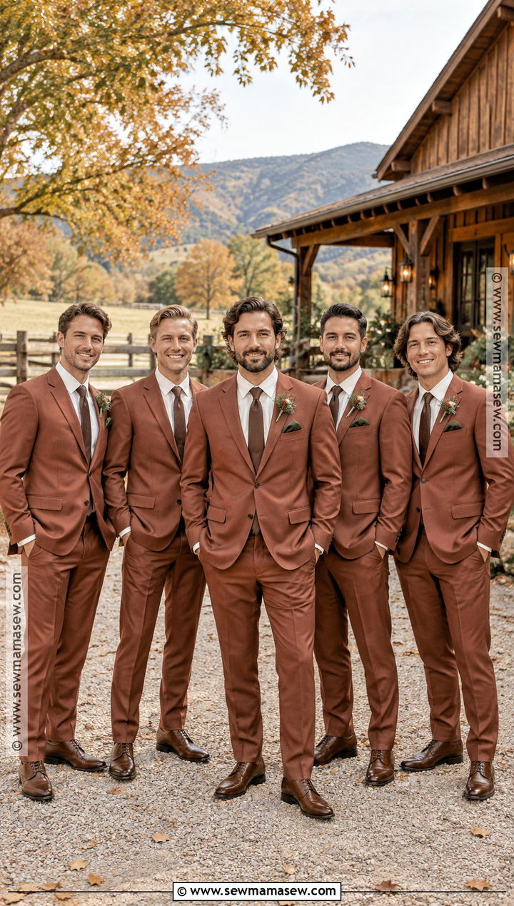 Rust Suit With Cream Shirt - 20 fall groomsmen attire rustic ideas