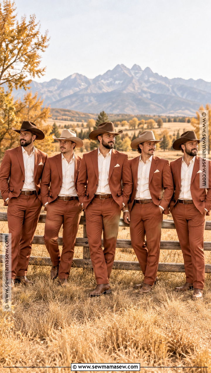 Rust Suit With Ivory Shirt - 15 fall wedding groomsmen attire western ideas
