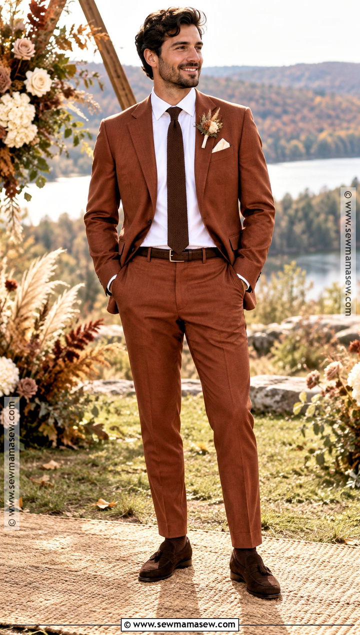 Rust Suit With White Shirt - 15 fall casual groom attire ideas