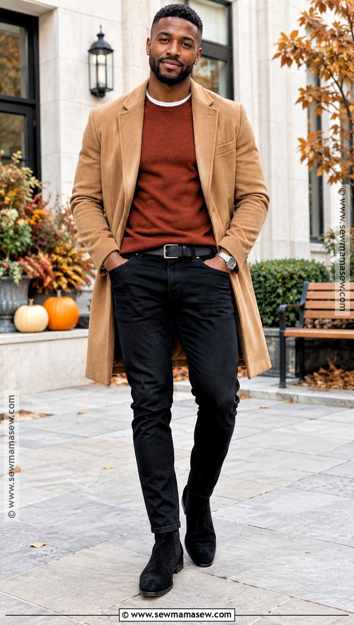 Rust Sweater And Black Jeans Thanksgiving Outfit - 15 black men thanksgiving outfit ideas
