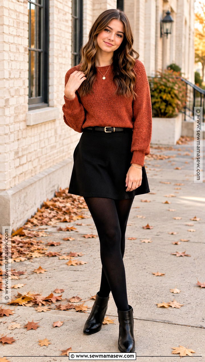 Rust Sweater And Black Skirt Fall Senior Picture Outfit - 15 fall outfits for senior pictures photo shoot