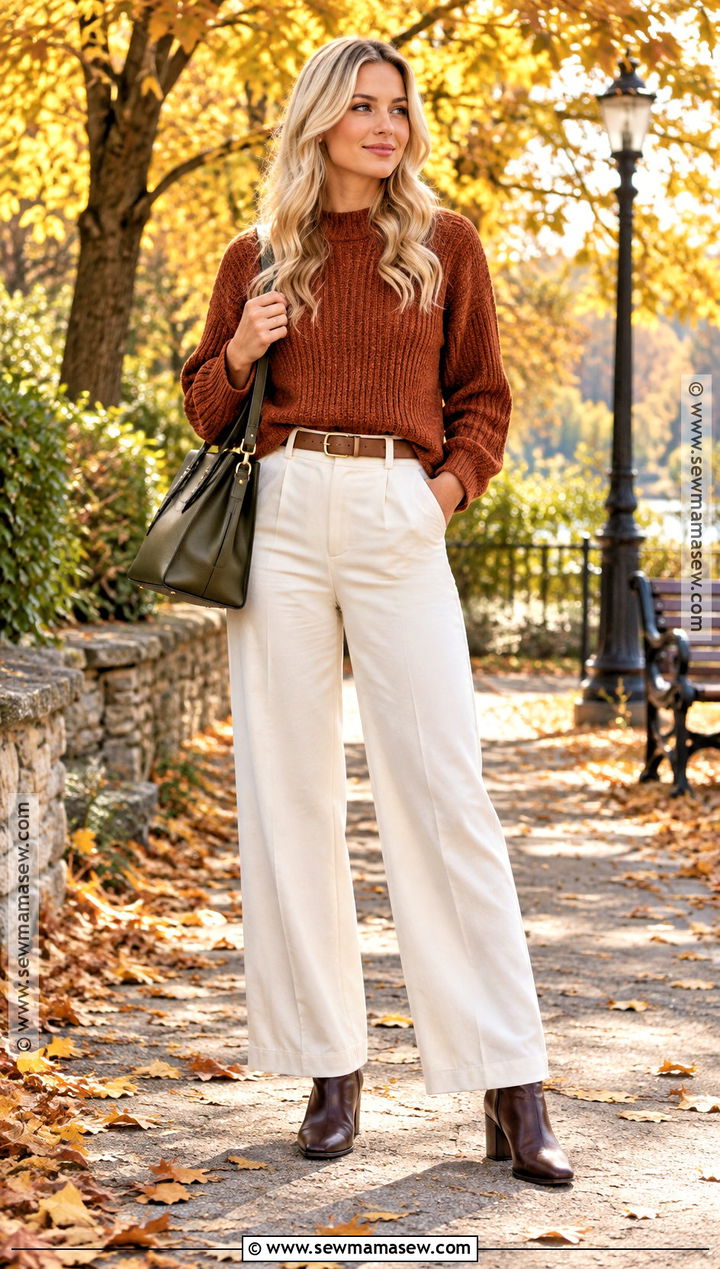 Rust Sweater And Cream Pants Outfit For Blonde Hair - 20 fall outfits blonde
