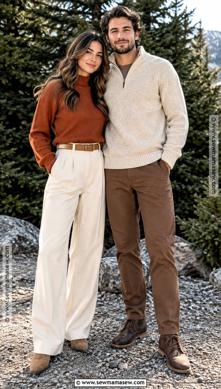 Rust Sweater And Cream Trousers Fall Couple Outfit - 25 fall photo shoot outfits for couples