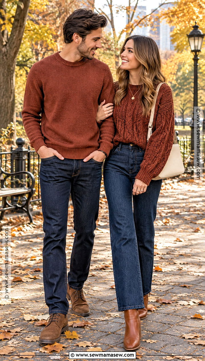 Rust Sweater And Dark Denim Autumn Couple Outfit - 20 autumn couple outfit ideas