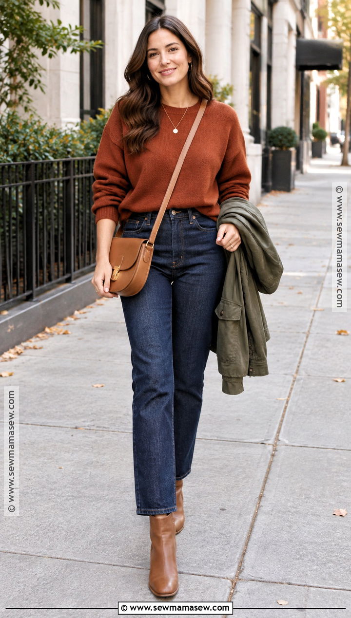 Rust Sweater And Dark Denim Autumn Outfit - 20 Autumn Colour Palette Outfits