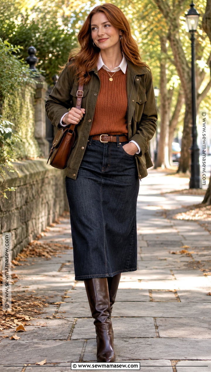 Rust Sweater And Denim Skirt Fall Outfit - 15 fall outfits for redheads
