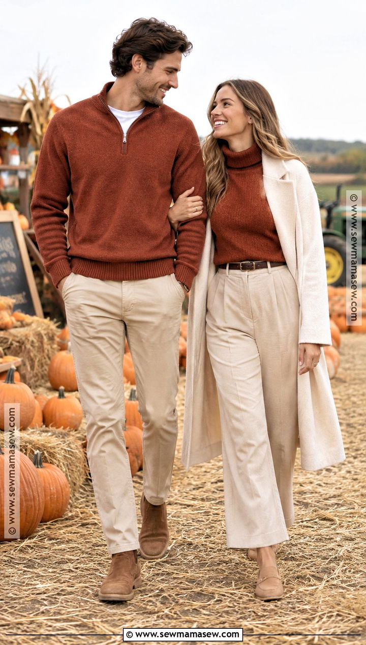 Rust Sweater And Khaki Pants Couple Outfit - 20 fall matching outfits for couples