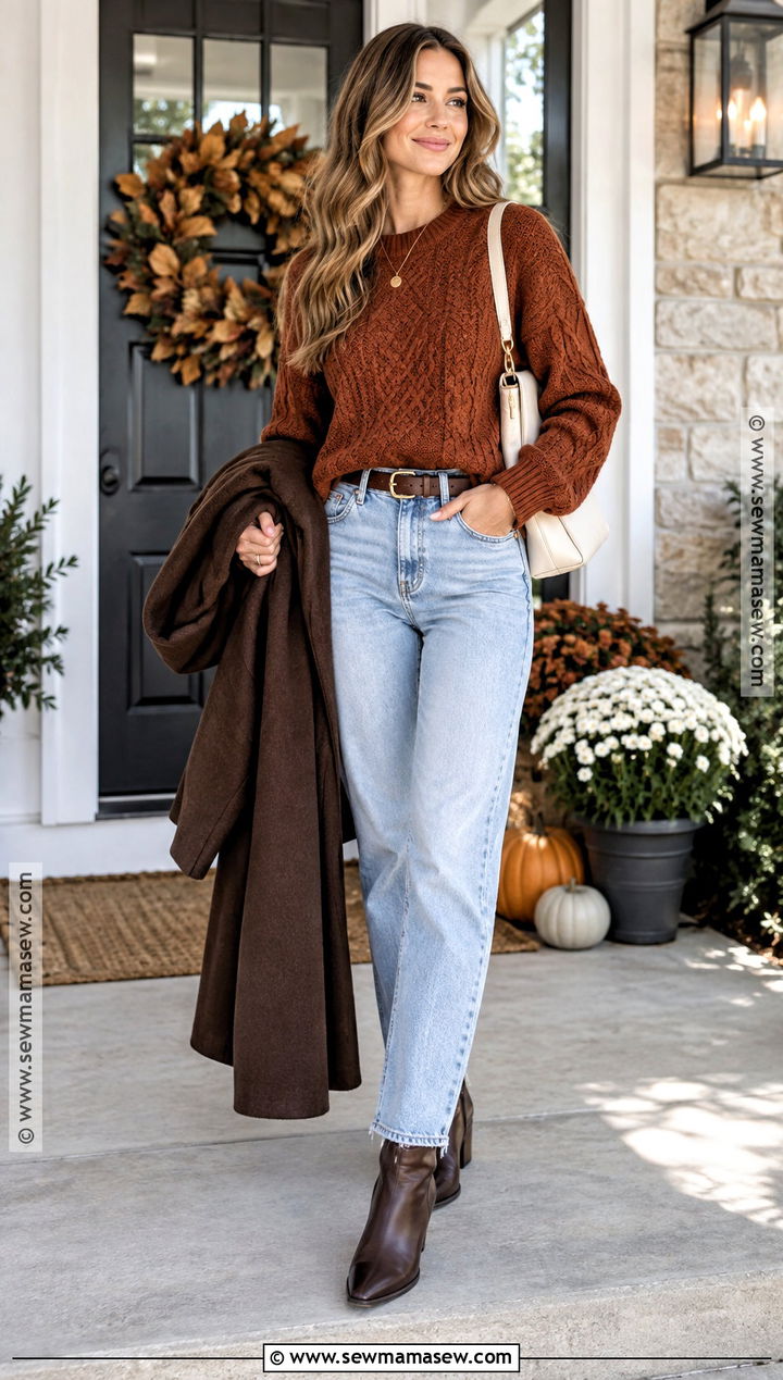 Rust Sweater And Light Wash Jeans Thanksgiving Outfit - 20 Jeans Thanksgiving Outfit