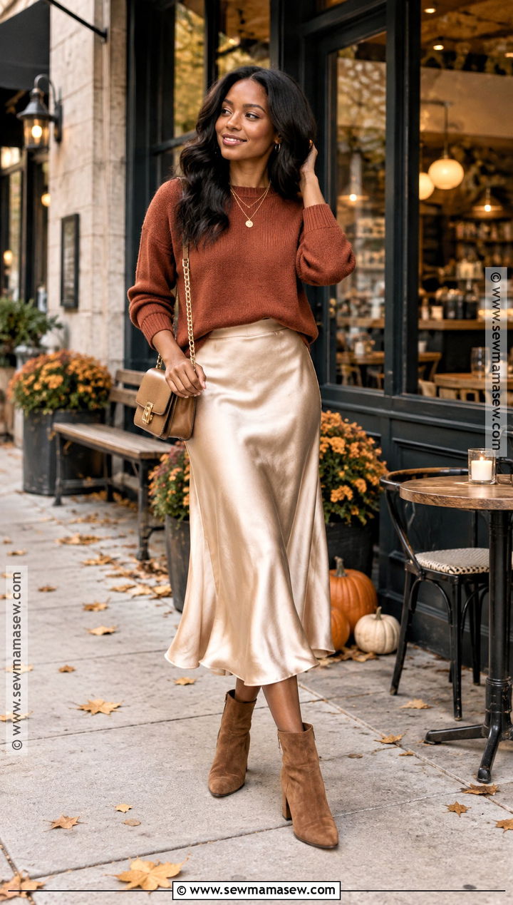 Rust Sweater And Satin Midi Skirt Fall Date Night Outfit - 25 fall date night outfit ideas for black women