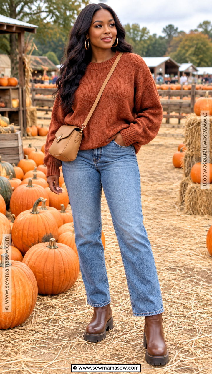Rust Sweater And Straight Leg Jeans Pumpkin Patch Outfit - 25 pumpkin patch outfit ideas for black women