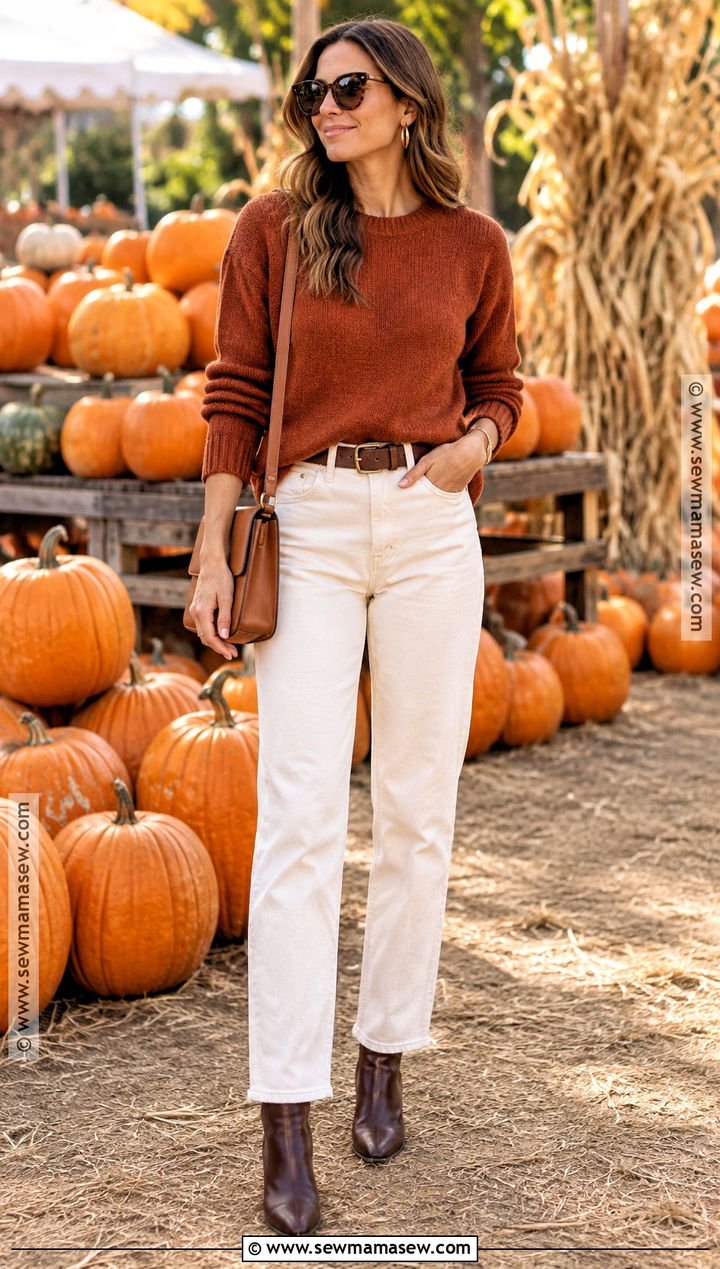 Rust Sweater And White Jeans Pumpkin Patch Outfit - 20 Pumpkin Patch Outfit Women Fall Ideas