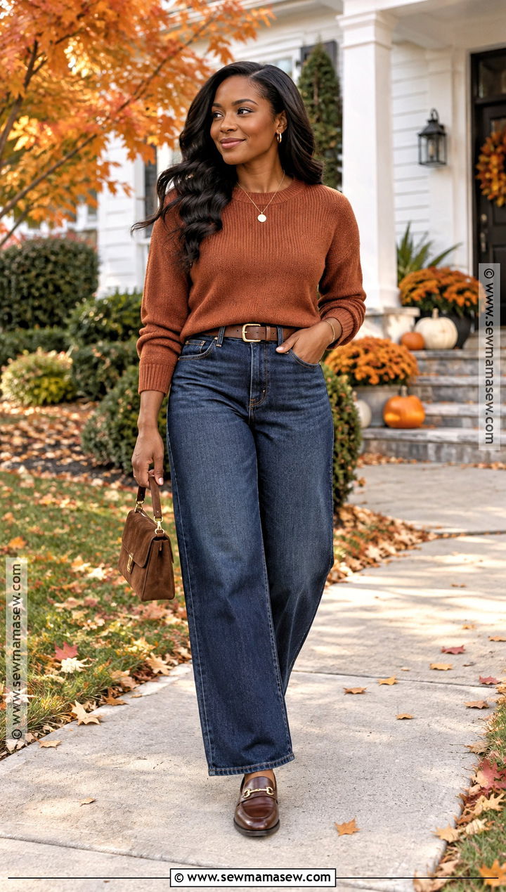 Rust Sweater And Wide Leg Jeans Thanksgiving Outfit - 15 black woman thanksgiving outfit ideas