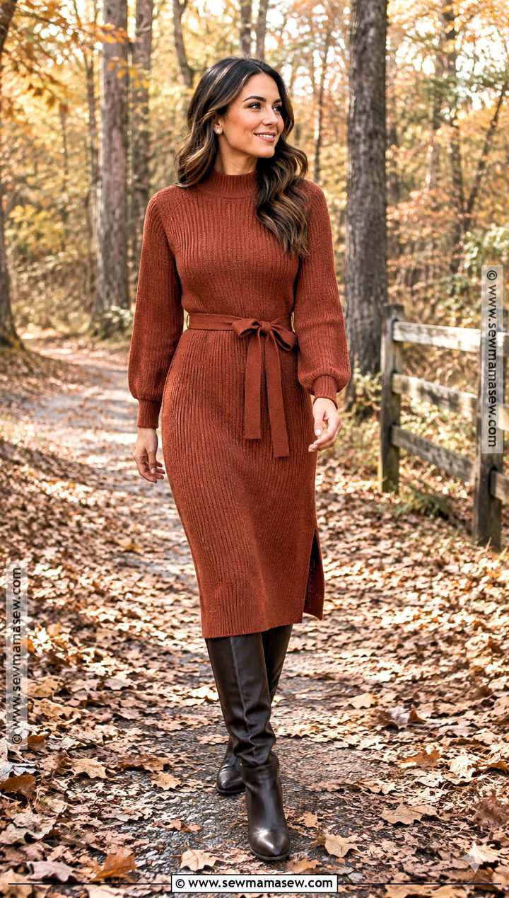 Rust Sweater Dress And Knee High Boots For Fall Family Photos - 20 Fall Dress For Family Photos Ideas