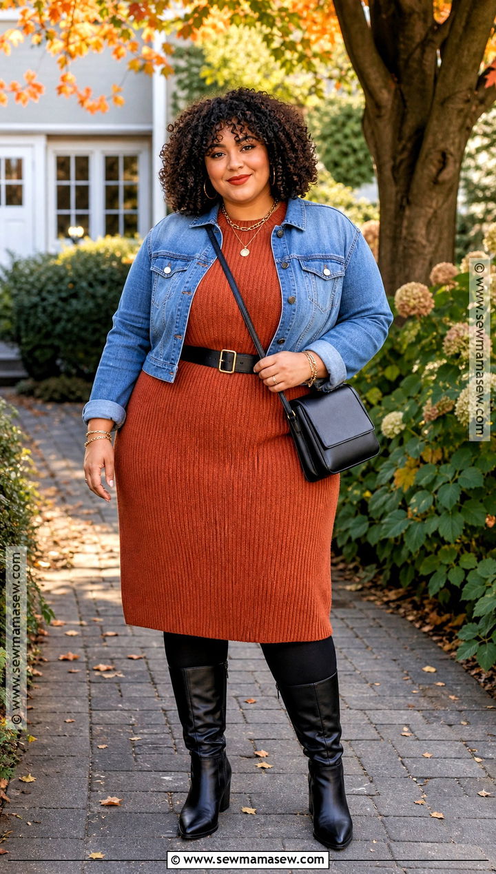 Rust Sweater Dress Halloween Outfit With Black Boots - 30 Halloween Casual Outfits