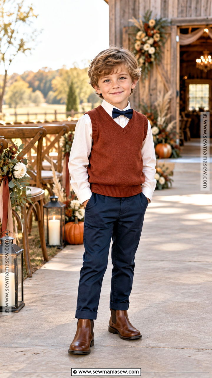 Rust Sweater Vest Ring Bearer Outfit - 20 fall ring bearer outfit ideas