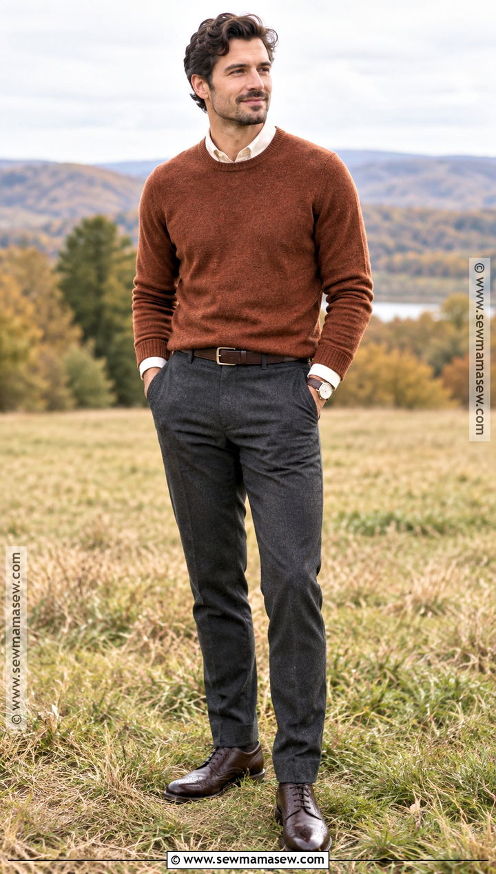 Rust Sweater With Charcoal Trousers - 15 fall family photo outfits for men