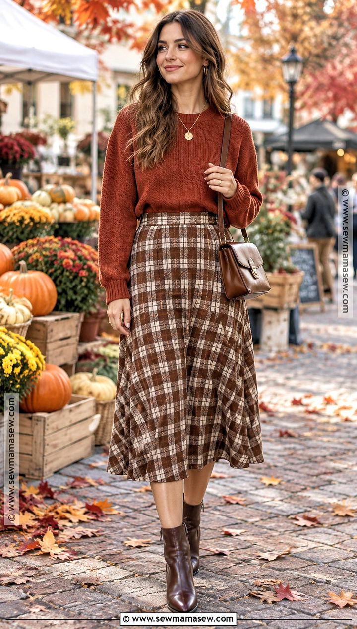 Rust Sweater With Plaid Midi Skirt And Brown Boots - 15 Autumn Themed Knitwear Ideas