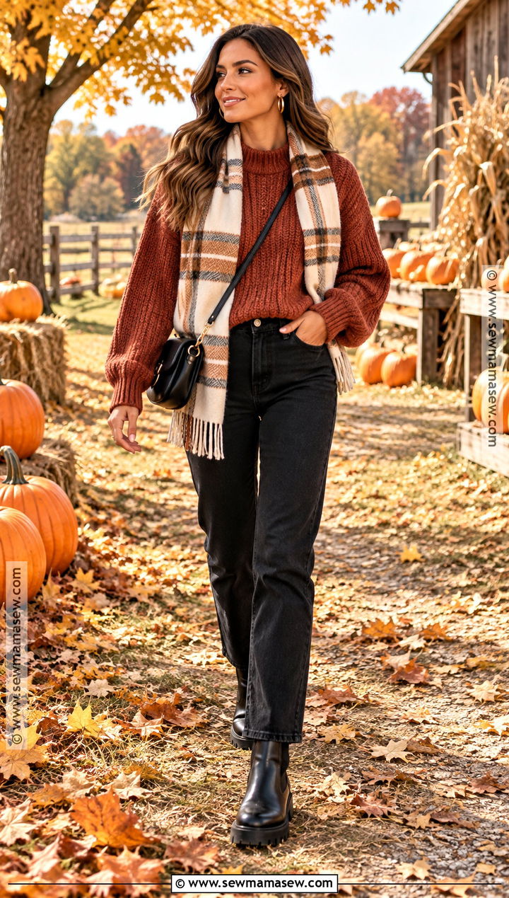 Rust Sweater and Black Jeans Pumpkin Patch Outfit - 15 pumpkin patch style ideas