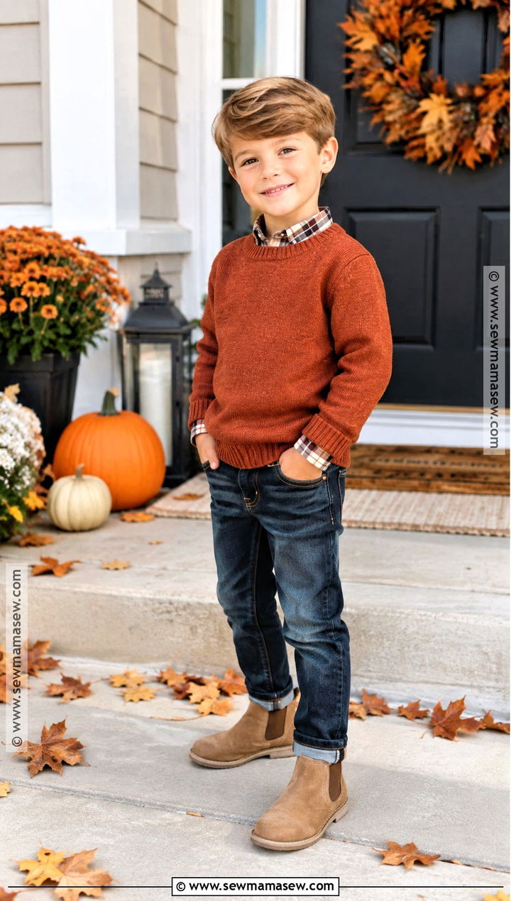 Rust Sweater and Dark Jeans Thanksgiving Outfit - 15 Thanksgiving Clothes for Kids
