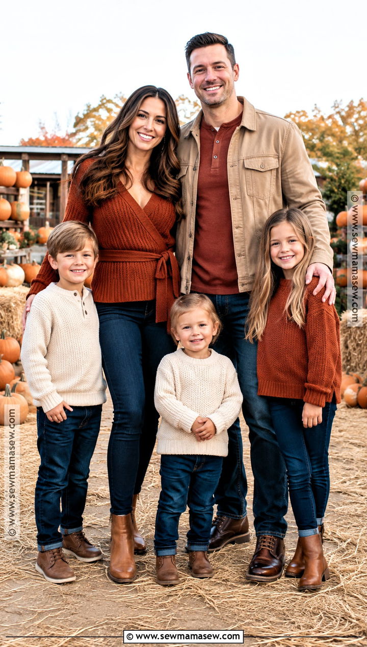 Rust Sweaters And Dark Denim Family Photos - 20 denim fall family photos ideas