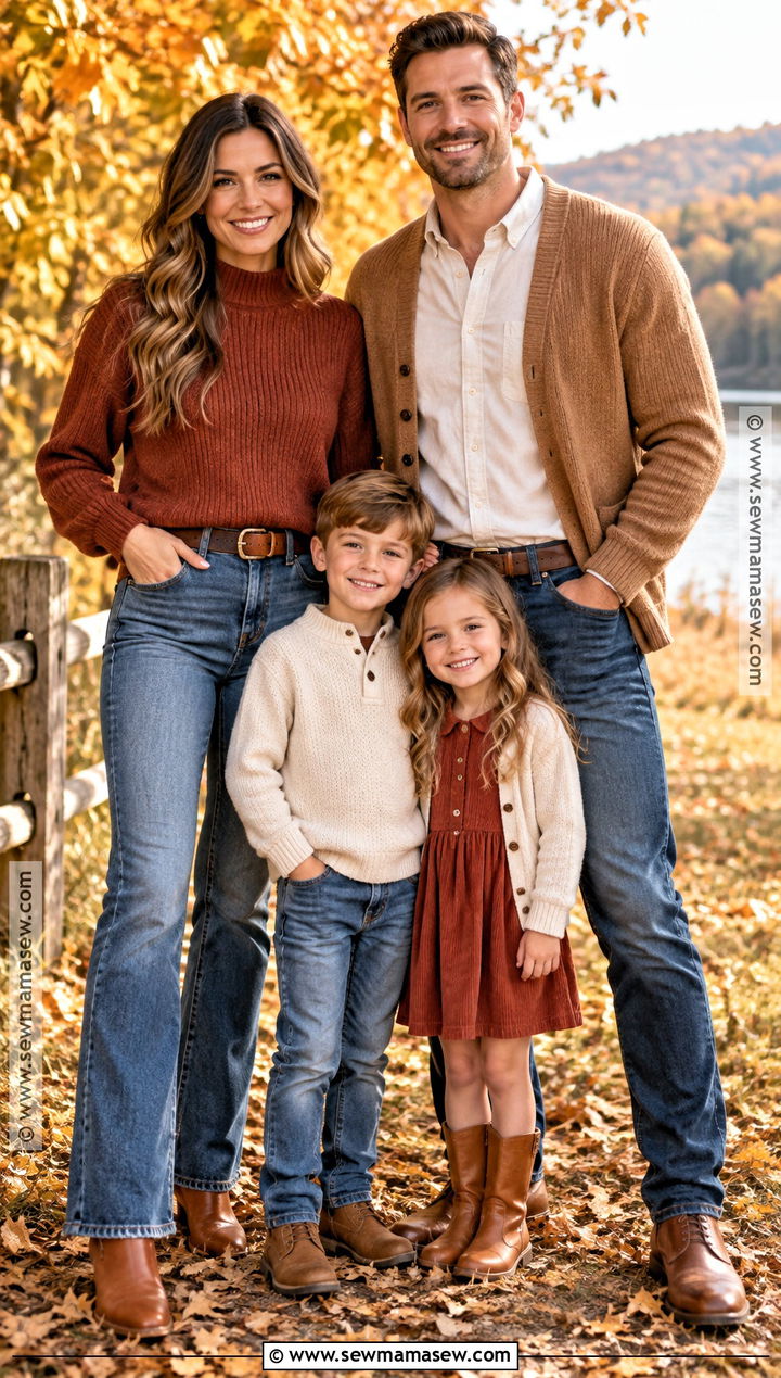 Rust Sweaters And Medium Wash Jeans Family Outfit - 20 october family photos outfits jeans