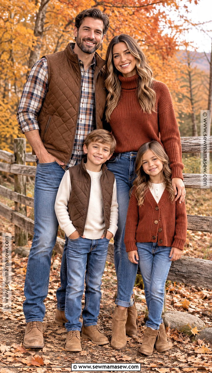 Rust Sweaters And Medium Wash Jeans Family Outfit - 15 fall family photo outfits outdoor jeans