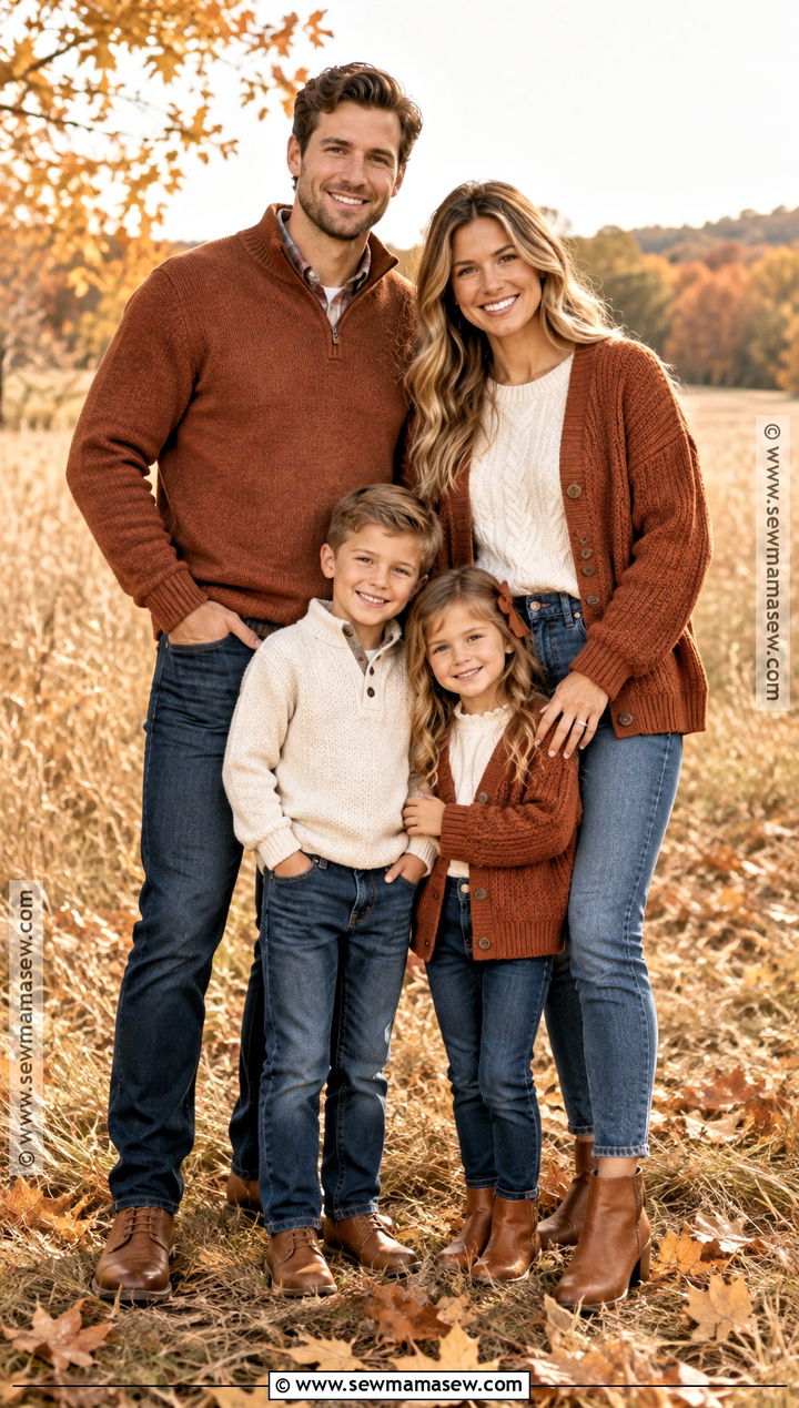 Rust Sweaters With Medium Wash Jeans For Fall Family Photos - 20 fall family photos jeans