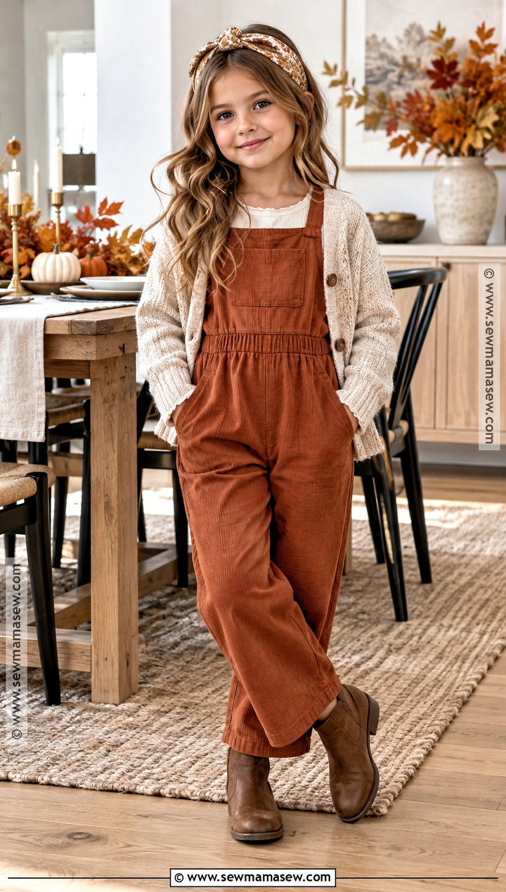 Rust Thanksgiving Jumpsuit With Cardigan And Ankle Boots - 20 kids thanksgiving outfits
