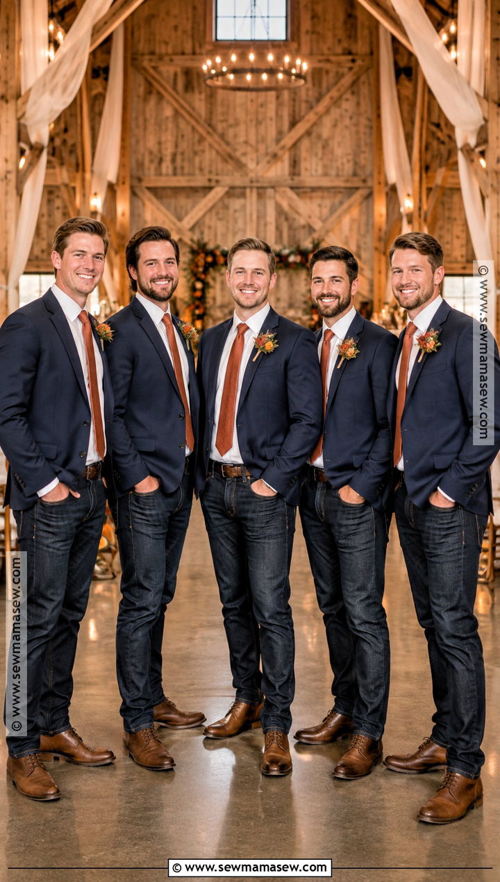 Rust Tie Groomsmen Attire With Jeans And Blazer - 15 groomsmen attire fall wedding jeans
