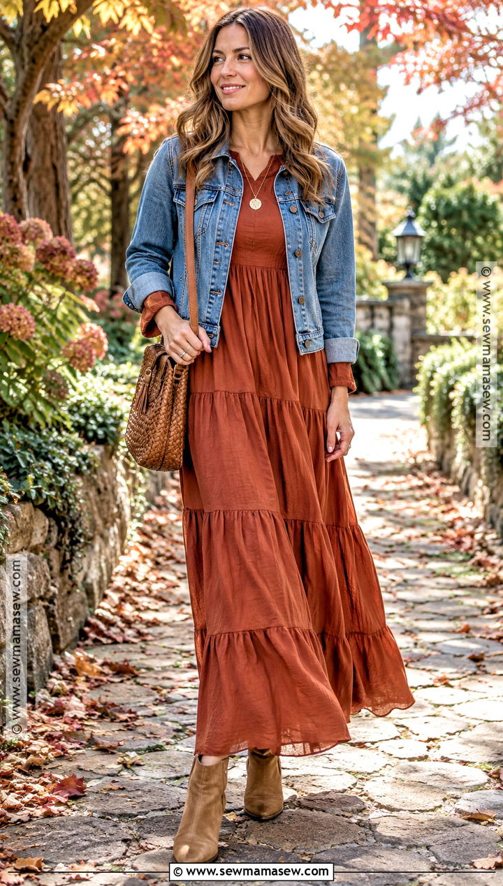 Rust Tiered Maxi Dress With Denim Jacket - 15 autumn day dresses