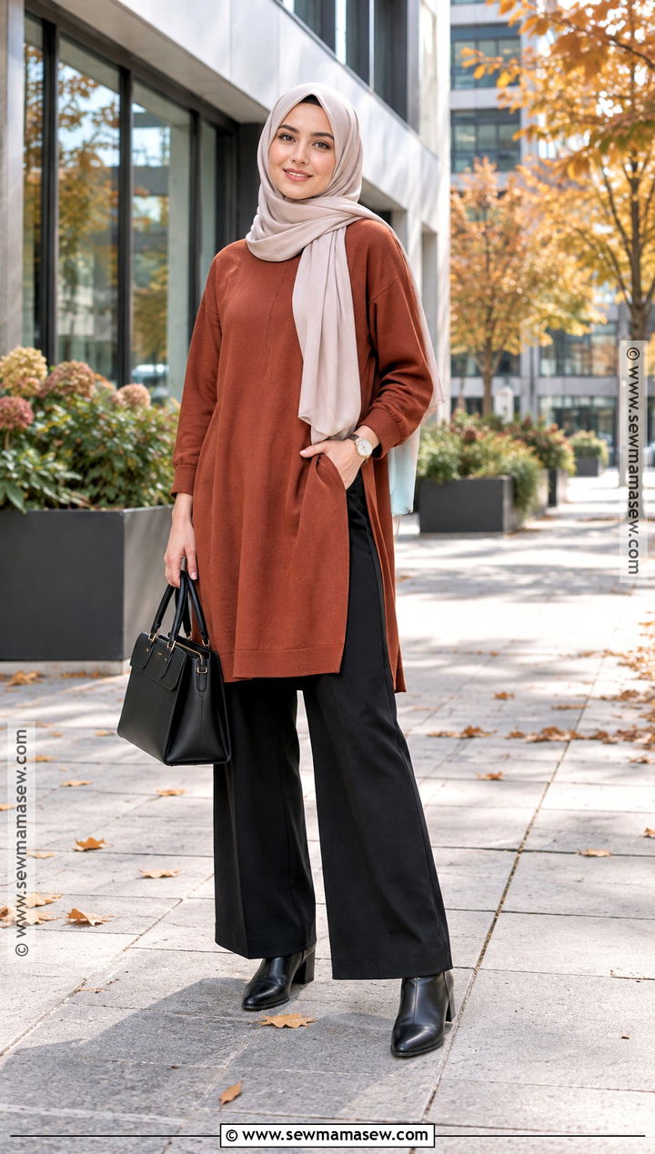 Rust Tunic And Black Pants Fall Hijab Outfit - 20 fall outfit hijab ideas