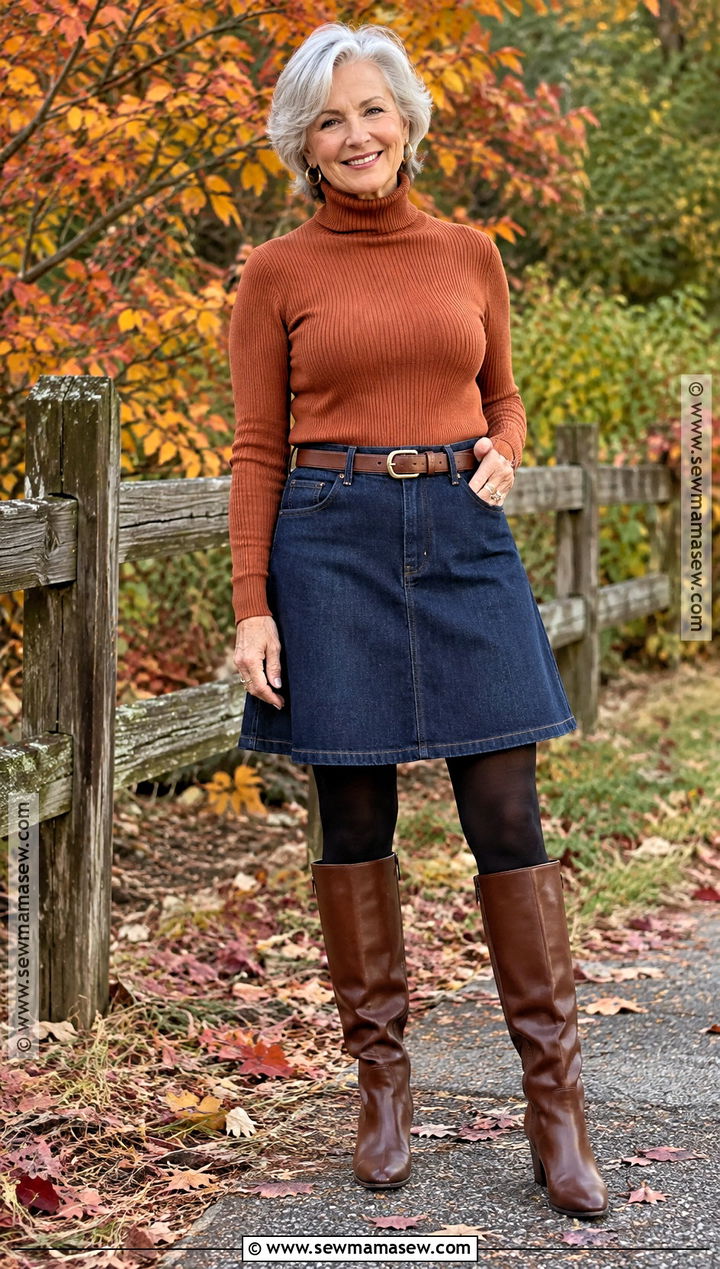 Rust Turtleneck and Denim Skirt Senior Picture Outfit - 15 autumn senior pictures outfits