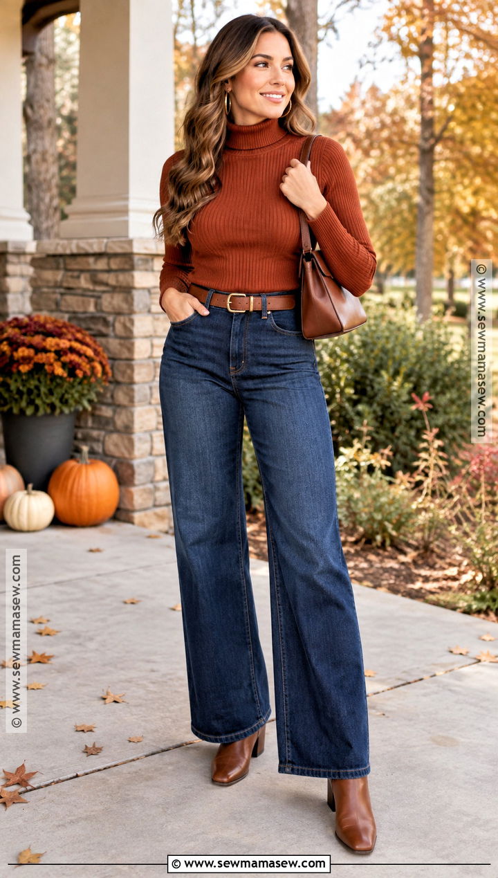 Rust Turtleneck and Wide Leg Jeans Thanksgiving Outfit - 25 cute thanksgiving outfits