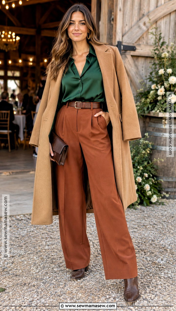 Rust Wide Leg Pants With Satin Blouse - 20 fall western wedding guest outfit ideas