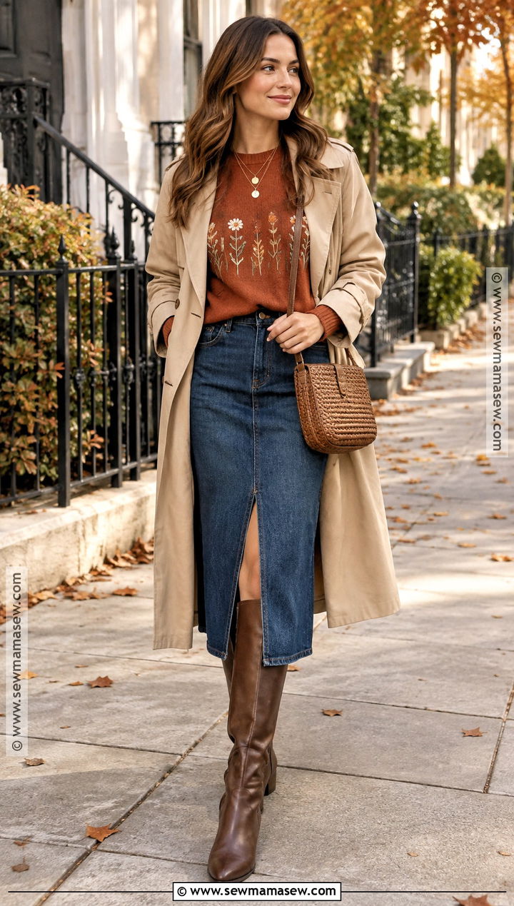 Rust Wildflower Embroidered Sweatshirt Outfit With Denim Skirt - 20 Fall Embroidered Sweatshirts Ideas