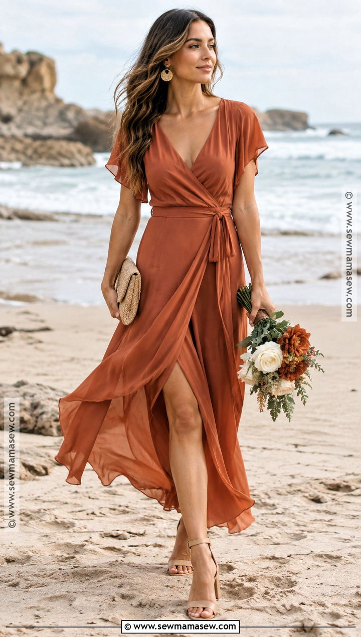 Rust Wrap Beach Bridesmaid Dress - 15 Fall Beach Bridesmaid Dresses