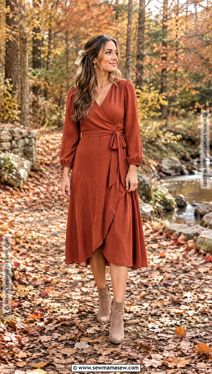 Rust Wrap Dress And Ankle Boots For Fall Family Photos - 20 Fall Dress For Family Photos Ideas