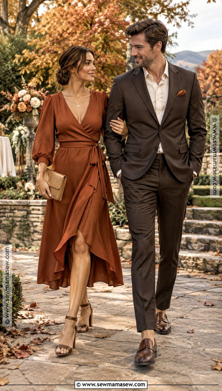 Rust Wrap Dress And Brown Suit Fall Wedding Guest Couple Outfit - 20 fall wedding guest couple outfits