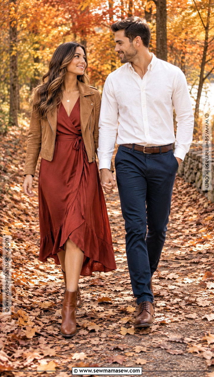Rust Wrap Dress Engagement Outfit - 15 engagement photoshoot outfit fall ideas