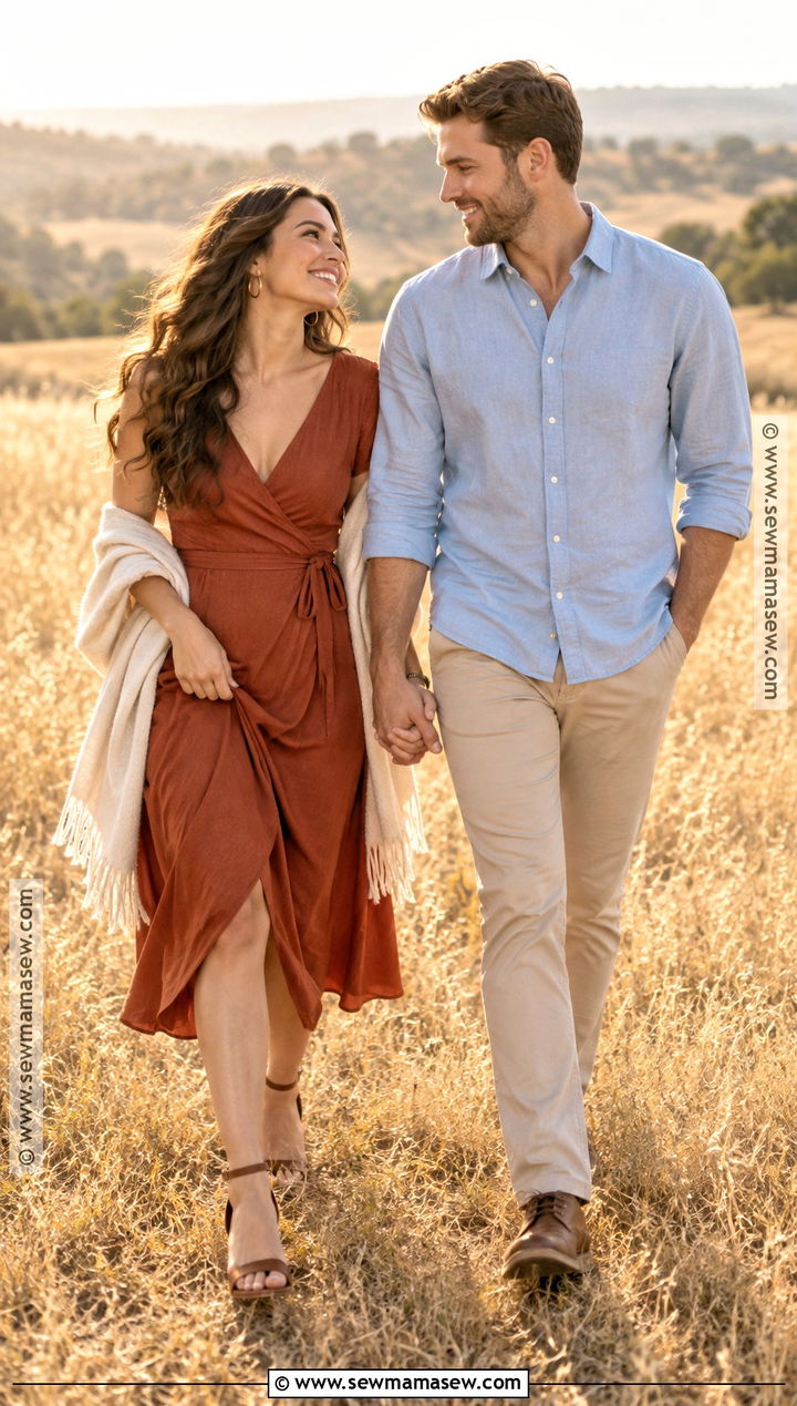 Rust Wrap Dress Engagement Picture Outfit - 20 september engagement pictures outfits