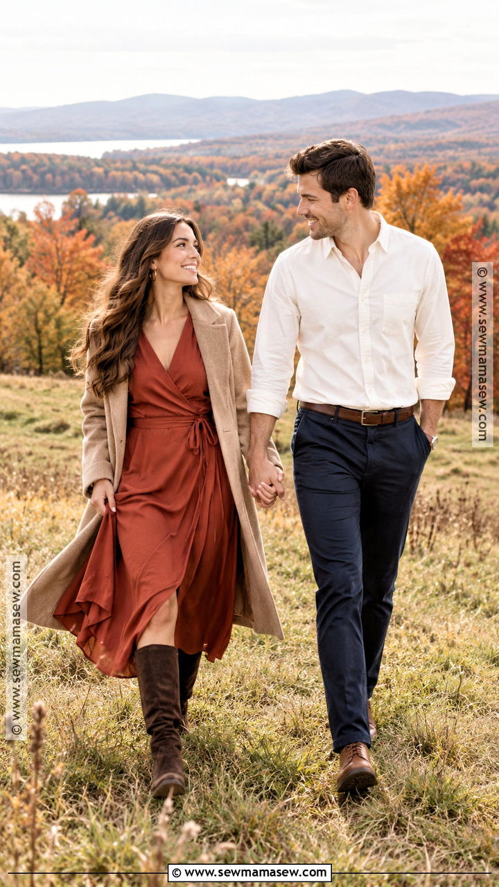 Rust Wrap Dress Fall Engagement Outfit - 20 engagement picture outfits fall