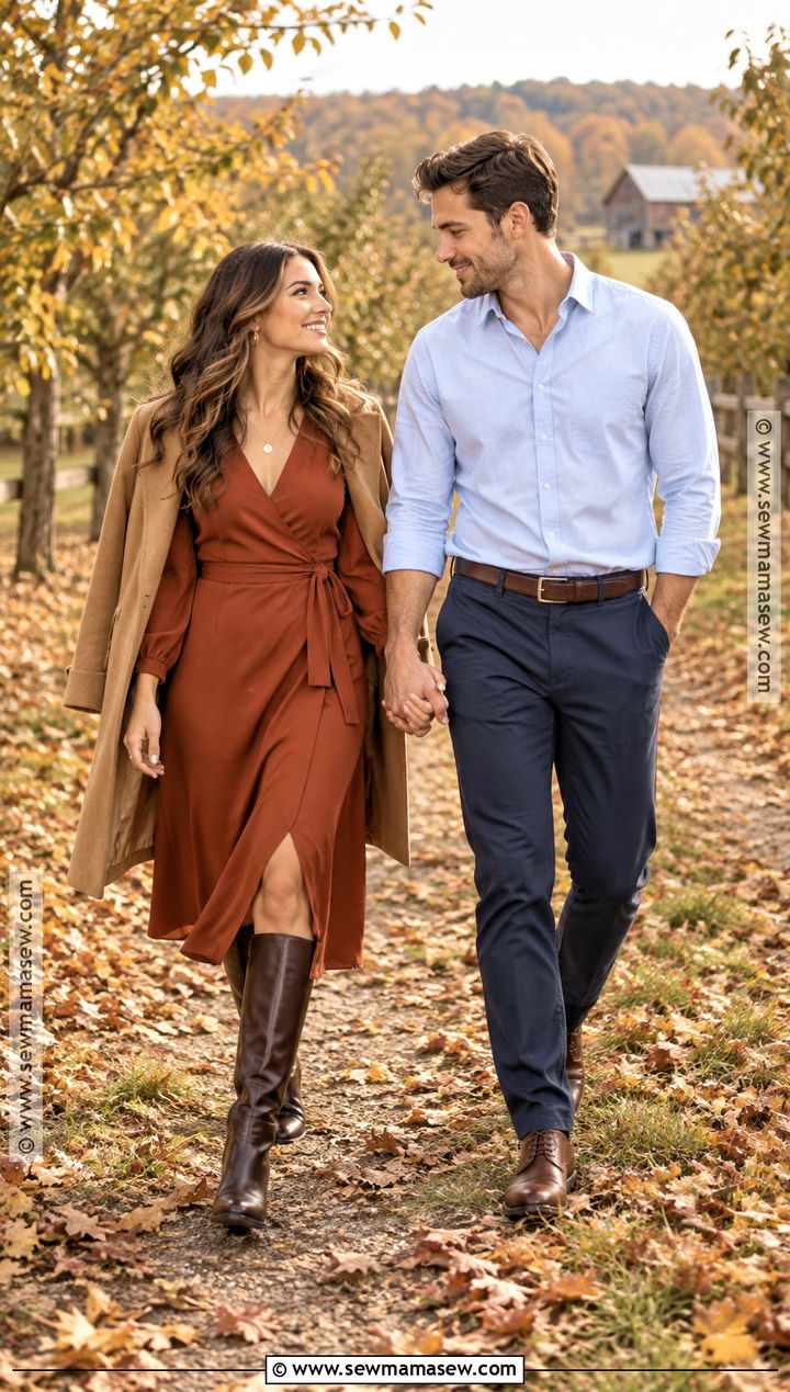 Rust Wrap Dress Fall Engagement Photo Outfit - 15 fall outfits engagement photos