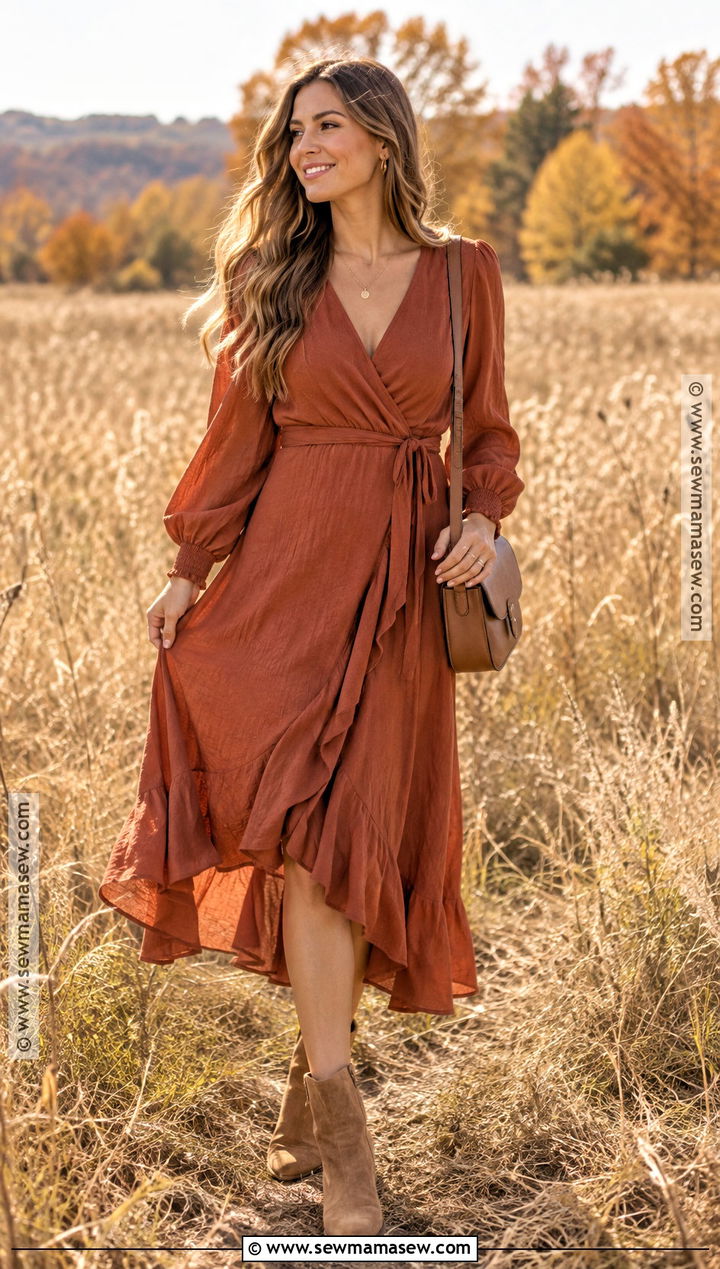 Rust Wrap Dress Fall Photo Shoot Outfit - 20 Fall Photo Shoot Outfits for Women