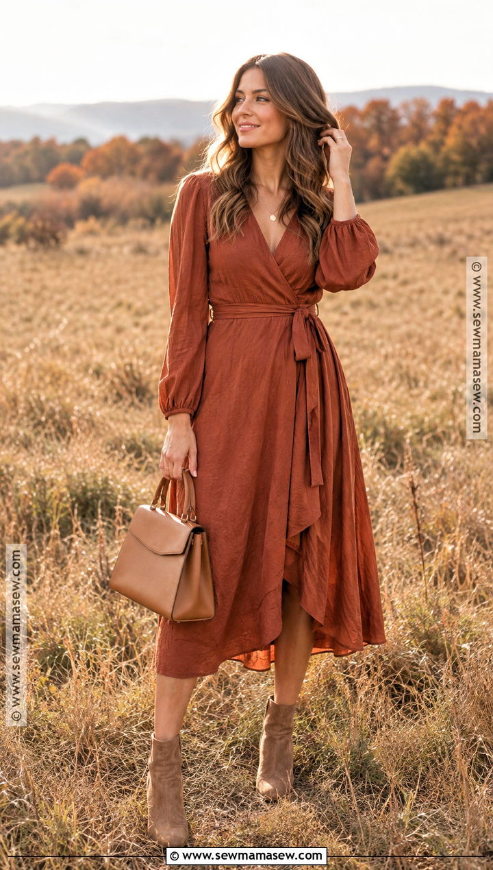Rust Wrap Dress Fall Photoshoot Outfit - 20 Fall Outfits For Photoshoot