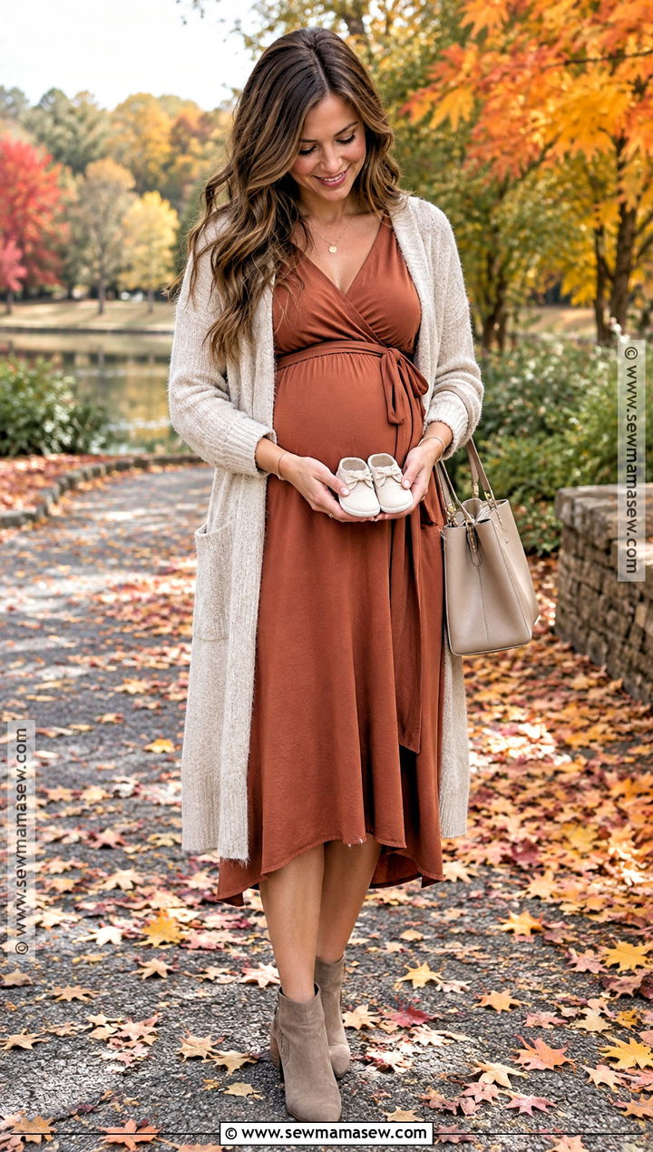 Rust Wrap Dress Fall Pregnancy Announcement Outfit - 15 Pregnancy Announcement Fall Outfits